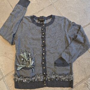 Upcycled Christmas Cardigan S Grey Silver Bells Garland